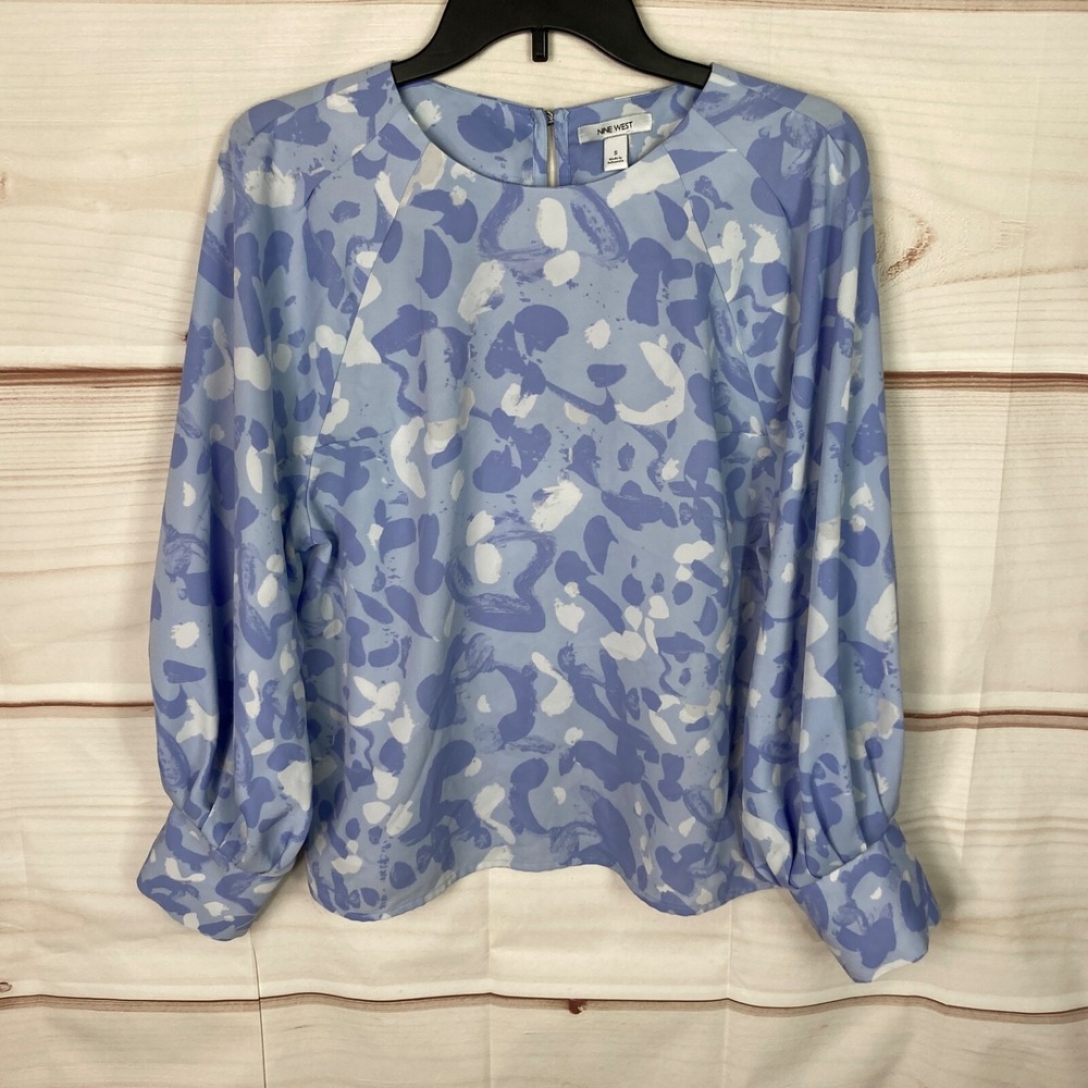 Nine West Top Womens S Purple Artsy Print Blouse Balloon Sleeve Satin Pullover